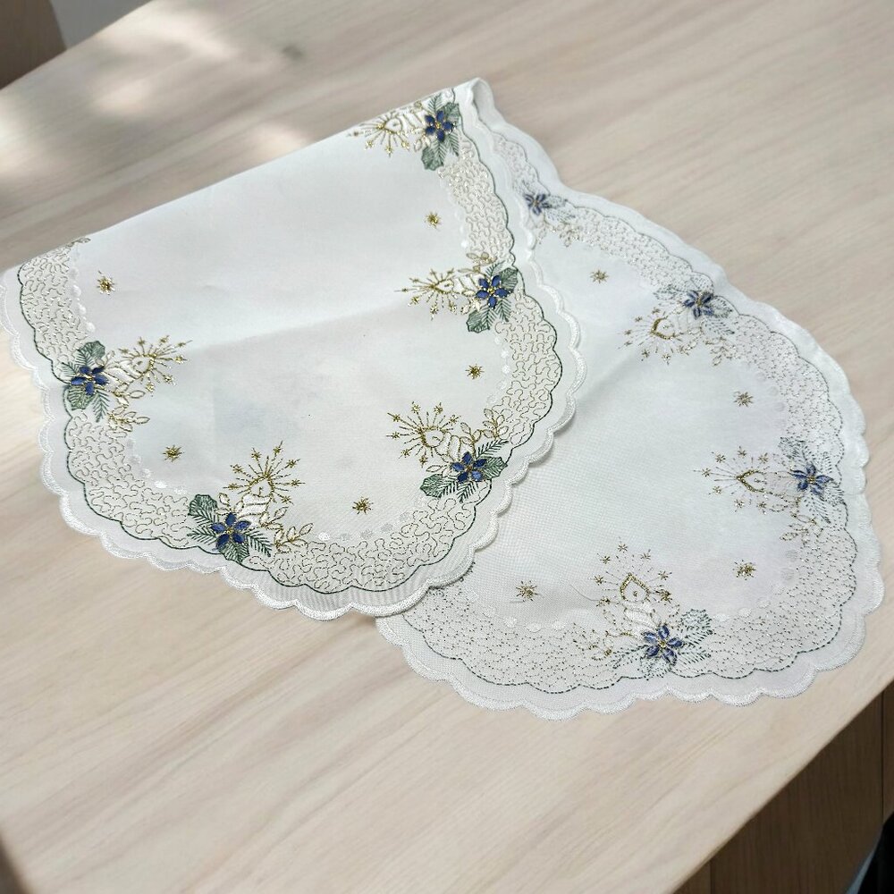 Christmas Embroidery Table Center Satiny Ivory w/Gold Candles Scalloped Edge